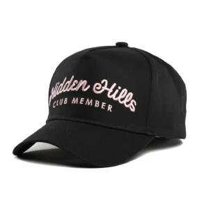 A Signature Club Staple The Hidden Hills Member Hat brings together premium cotton twill and mesh construction, and together they create a breathable, high-quality trucker-style cap built for everyday wear. In Black with a Pink Script finish, it delivers a bold contrast that stands out while staying true to classic club heritage. Signature Member Script Our signature club script sits front and center, embroidered in Pink for a striking contrast against the Black base. Because the design blends club heritage with streetwear style, this hat works just as well dressed up as it does dressed down. Built for Comfort and Fit A structured curved brim gives this cap its classic trucker silhouette. Meanwhile, the adjustable snapback closure at the back ensures a comfortable, universal fit, so it works well no matter your head size. Materials and Craftsmanship The premium cotton twill and mesh construction balances durability with maximum breathability. As a result, the hat stays comfortable through repeated wear while holding its shape over time. Details One size fits most Premium cotton twill and mesh fabric Embroidered Member Script front logo in Pink Adjustable snapback rear closure Classic curved brim silhouette Shipping & Returns Our team processes orders within 1-3 business days. After that, delivery typically takes 5-10 business days, depending on your location. We accept returns within 30 days of delivery. You can exchange the hat for a different product, request store credit, or ask for a refund to your original payment method. Simply contact us to start the return process. Please note that customers cover all return shipping costs. FAQ What material is the Black Club Member Hat made from? We craft it from premium cotton twill with a breathable mesh construction. What color is the Member Script logo? The signature club script is embroidered in Pink against the Black base for a bold contrast. Does the Black Club Member Hat come in one size? Yes, we design it as one size fits most, and the adjustable snapback closure lets you customize the fit. How long does shipping take? Processing takes 1-3 business days. After that, delivery typically takes an additional 5-10 business days depending on location. Can I return the Black Club Member Hat if it doesn't fit? Black - Club Member Hat - Pink Script